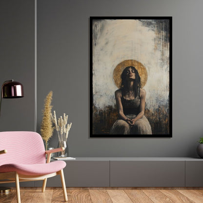 “Aura of Solace” by ArtixHub – figurative canvas wall art in warm beige, deep rose, and muted purple tones, ideal for bedrooms, dressing rooms, or reading nooks. A quiet, introspective portrait that conveys emotion and softness, pairing well with romantic, bohemian, or minimalist interiors. Perfect for UAE homes seeking calm, character-driven décor.