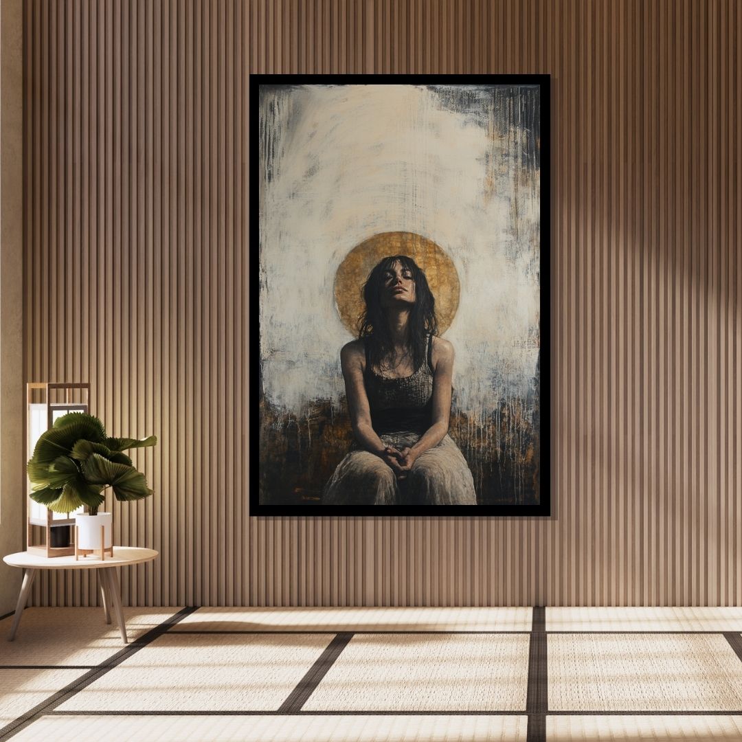 “Aura of Solace” by ArtixHub – figurative canvas wall art in warm beige, deep rose, and muted purple tones, ideal for bedrooms, dressing rooms, or reading nooks. A quiet, introspective portrait that conveys emotion and softness, pairing well with romantic, bohemian, or minimalist interiors. Perfect for UAE homes seeking calm, character-driven décor.