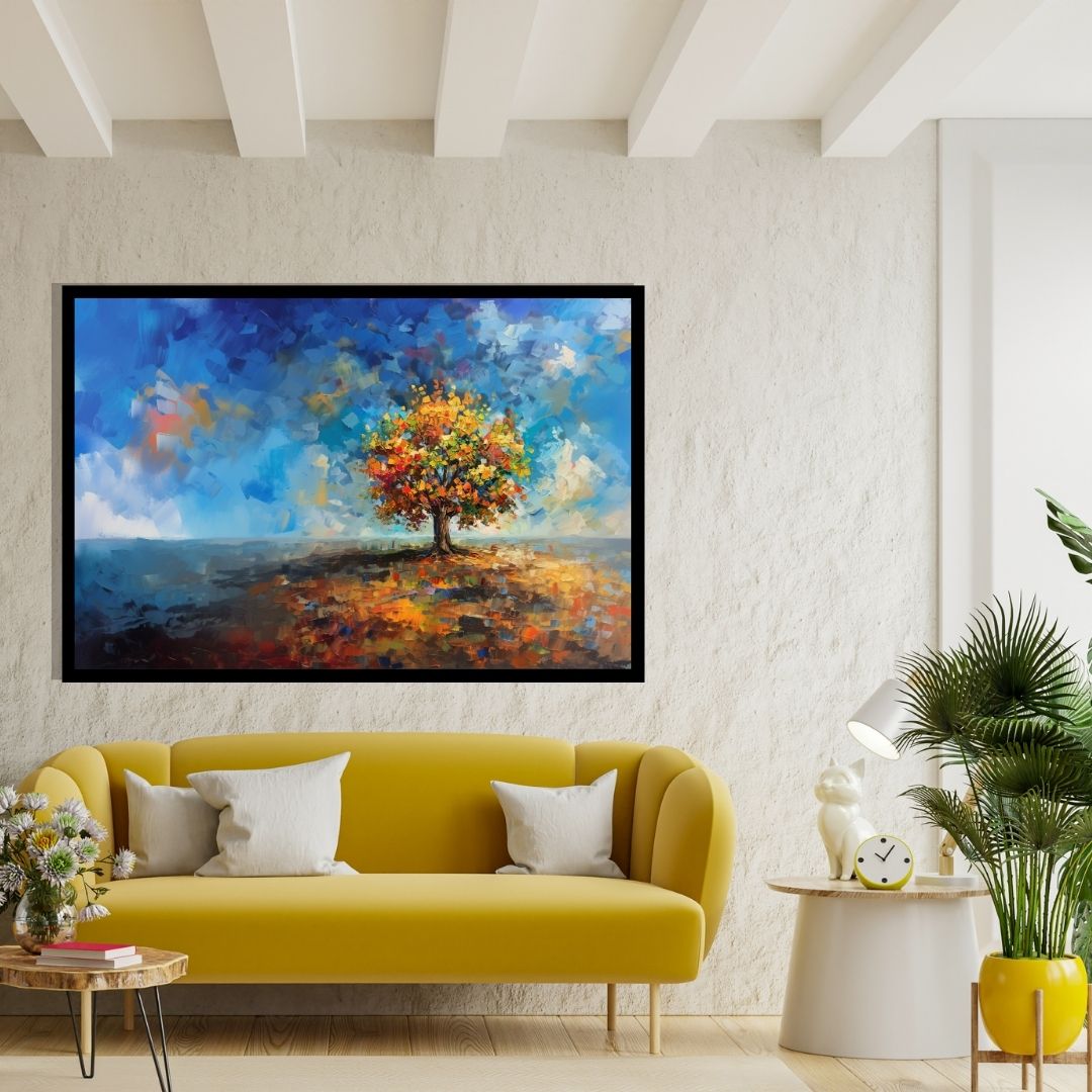 “Autumn’s Aria” by ArtixHub – abstract botanical canvas wall art in vibrant red, orange, and yellow tones, ideal for living rooms, hallways, or wellness spaces. Featuring a dynamic tree in full seasonal bloom, this expressive artwork pairs beautifully with earthy, rustic, or transitional interiors. Perfect for UAE homes celebrating nature and warmth.