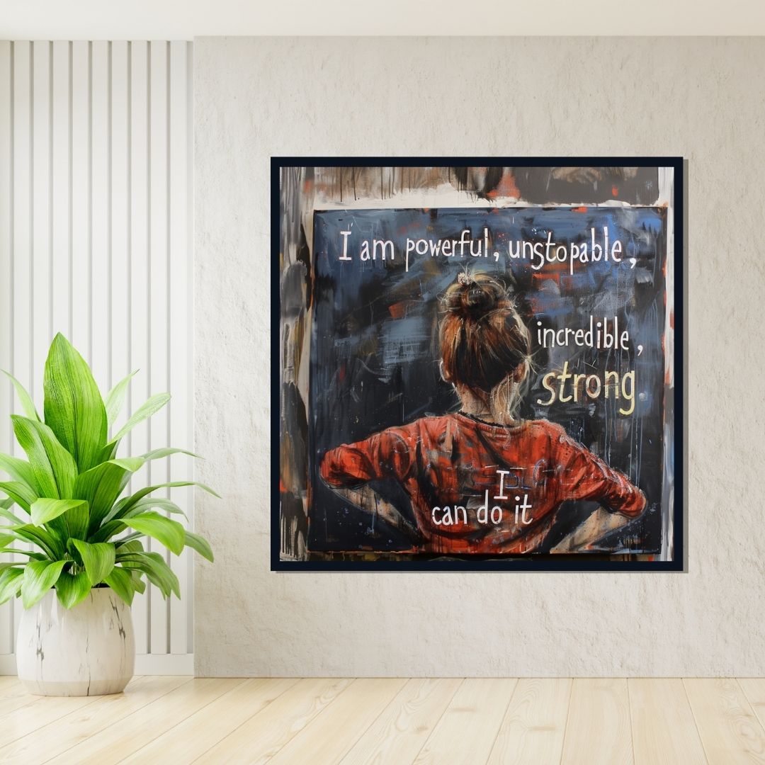 “Back to Strength” by ArtixHub – expressive figurative canvas wall art featuring a determined young figure in bold yellow and navy tones, ideal for kids’ rooms, game rooms, or studio spaces. A vibrant and uplifting piece that celebrates inner power and youthful energy, perfect for UAE homes seeking motivational and character-driven décor.