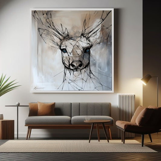 “Blue a Deer” by Xennoir – abstract expressionist deer portrait with black geometric lines and vivid blue eyes on neutral background, symbolizing alertness and inner clarity.