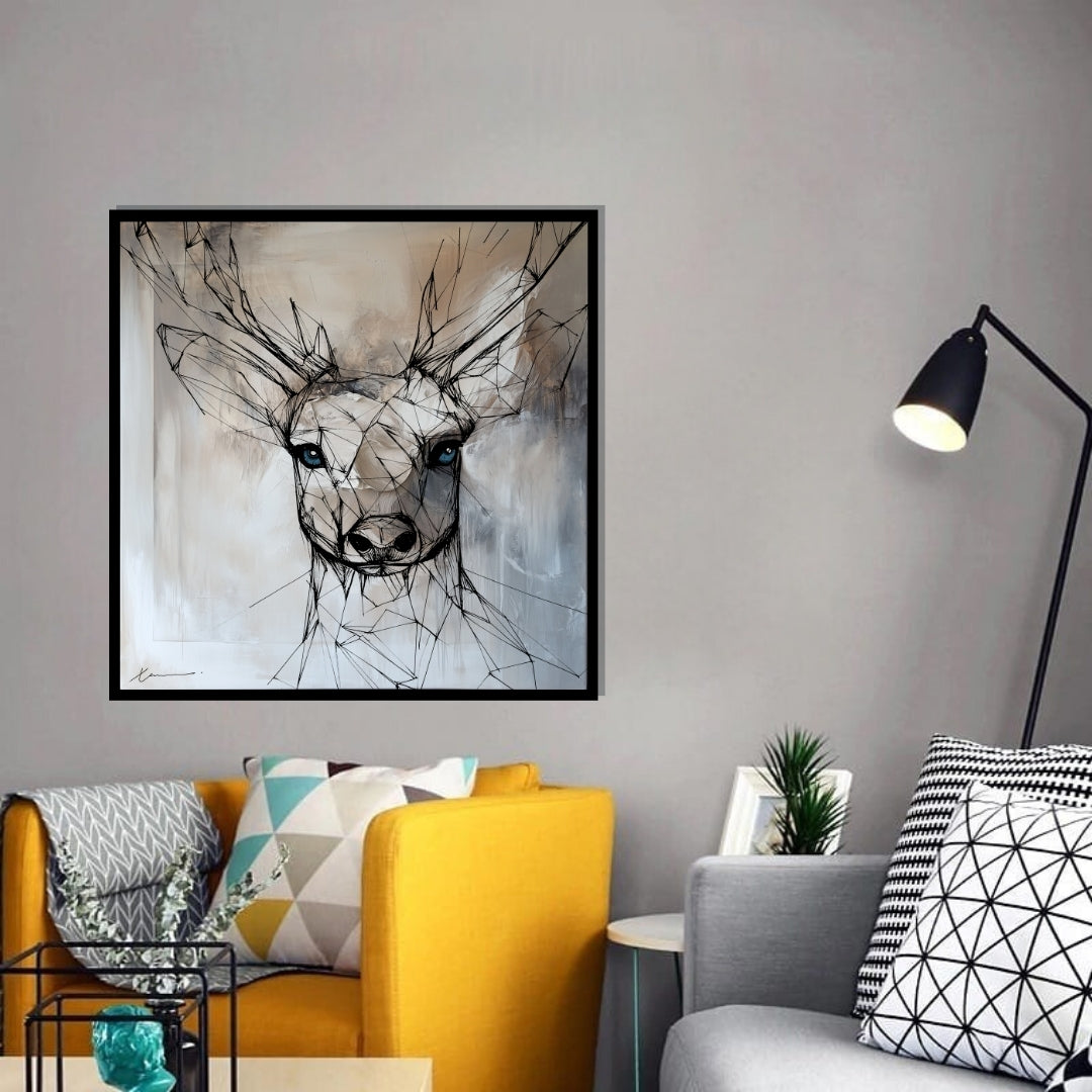 “Blue a Deer” by Xennoir – abstract expressionist deer portrait with black geometric lines and vivid blue eyes on neutral background, symbolizing alertness and inner clarity.