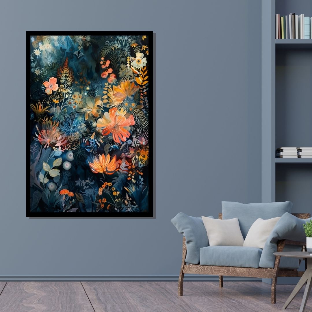 “Botanical Dreamscape” by ArtixHub – colorful floral canvas wall art with vivid tones of red, orange, yellow, and green, ideal for dining rooms, bedrooms, or reading nooks. Bursting with painterly blooms and natural texture, this artwork adds warmth and vibrancy to both classic and contemporary spaces. Perfect for UAE homes looking to embrace nature with artistic energy.