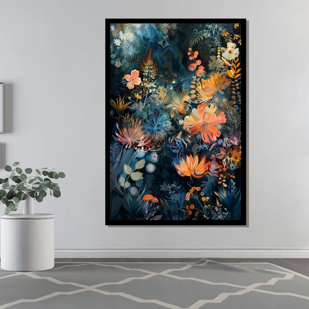 “Botanical Dreamscape” by ArtixHub – colorful floral canvas wall art with vivid tones of red, orange, yellow, and green, ideal for dining rooms, bedrooms, or reading nooks. Bursting with painterly blooms and natural texture, this artwork adds warmth and vibrancy to both classic and contemporary spaces. Perfect for UAE homes looking to embrace nature with artistic energy.