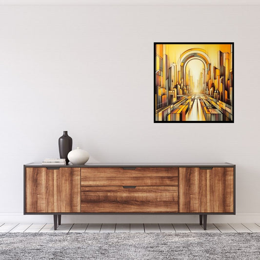 “Bright Horizons” by ArtixHub – sunrise-inspired landscape canvas wall art in radiant gold, soft blue, and gentle lavender tones, ideal for bedrooms, living rooms, or meditation spaces. This uplifting piece captures the warmth of a new day and pairs beautifully with minimalist, bohemian, or earth-toned interiors. Perfect for UAE homes seeking light, optimism, and visual calm.