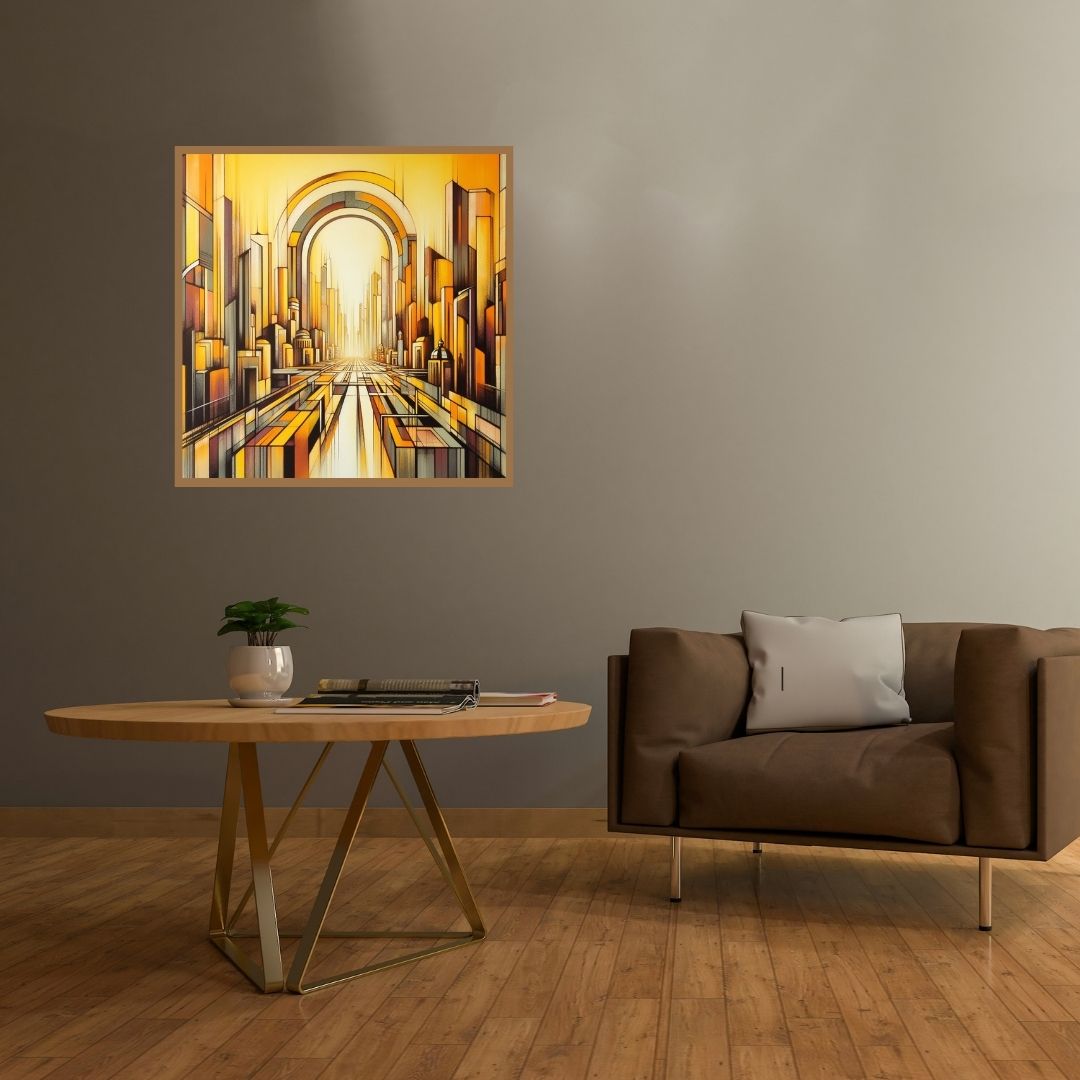 “Bright Horizons” by ArtixHub – sunrise-inspired landscape canvas wall art in radiant gold, soft blue, and gentle lavender tones, ideal for bedrooms, living rooms, or meditation spaces. This uplifting piece captures the warmth of a new day and pairs beautifully with minimalist, bohemian, or earth-toned interiors. Perfect for UAE homes seeking light, optimism, and visual calm.
