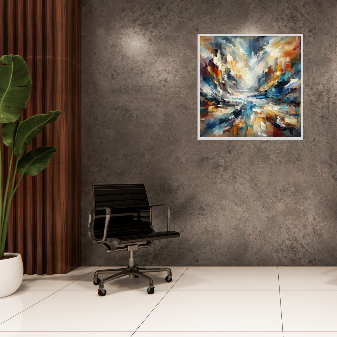 “Chaos in Harmony” by ArtixHub – abstract canvas wall art in blue, orange, gold, and white tones, ideal for modern living rooms, bedrooms, or office spaces. A bold statement piece that pairs well with neutral or warm interior color palettes. Perfect for UAE homes seeking expressive, contemporary décor.