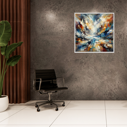 “Chaos in Harmony” by ArtixHub – abstract canvas wall art in blue, orange, gold, and white tones, ideal for modern living rooms, bedrooms, or office spaces. A bold statement piece that pairs well with neutral or warm interior color palettes. Perfect for UAE homes seeking expressive, contemporary décor.