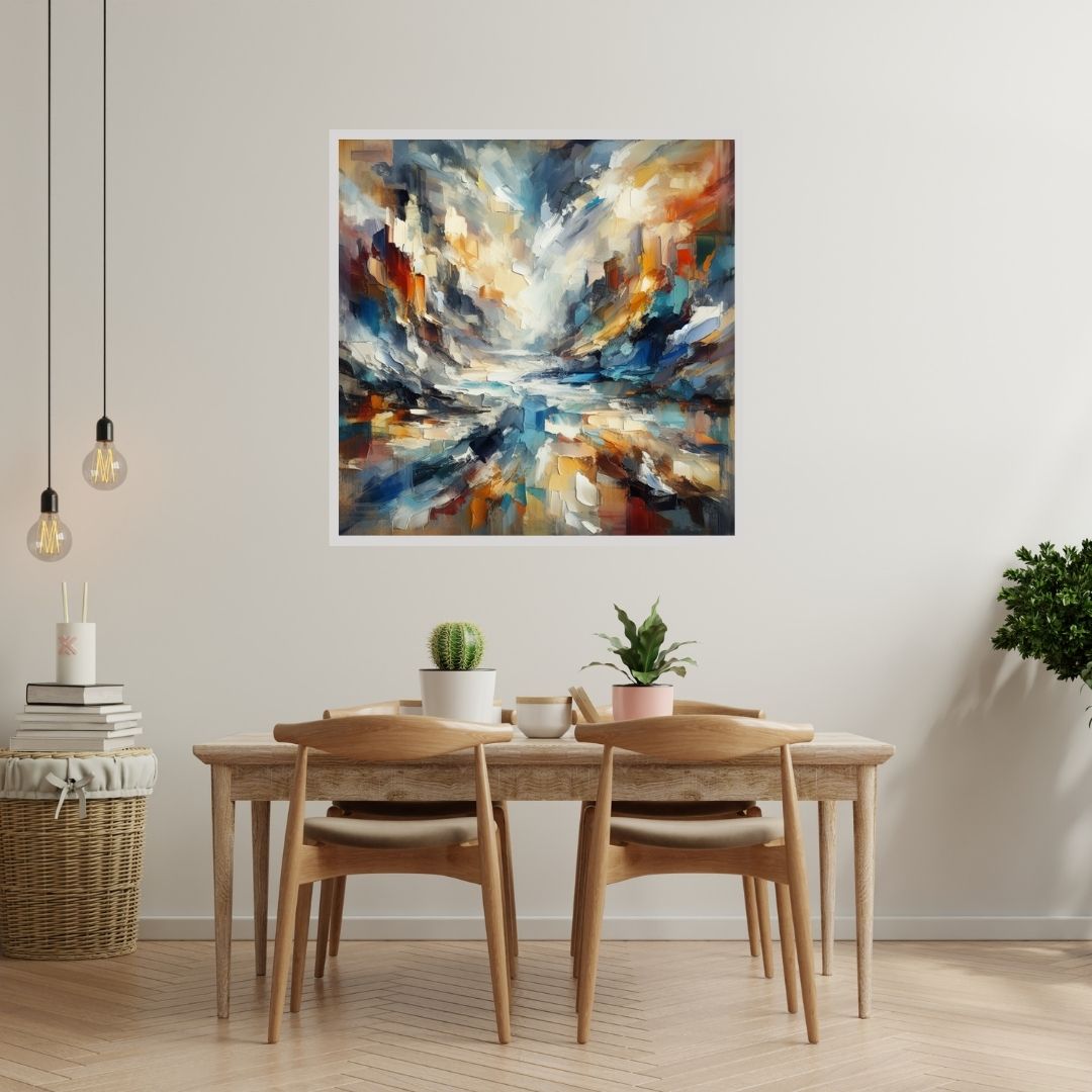 “Chaos in Harmony” by ArtixHub – abstract canvas wall art in blue, orange, gold, and white tones, ideal for modern living rooms, bedrooms, or office spaces. A bold statement piece that pairs well with neutral or warm interior color palettes. Perfect for UAE homes seeking expressive, contemporary décor.