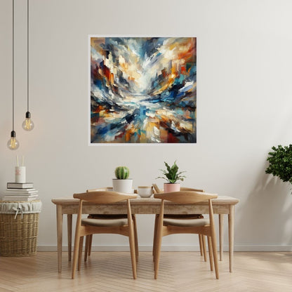 “Chaos in Harmony” by ArtixHub – abstract canvas wall art in blue, orange, gold, and white tones, ideal for modern living rooms, bedrooms, or office spaces. A bold statement piece that pairs well with neutral or warm interior color palettes. Perfect for UAE homes seeking expressive, contemporary décor.