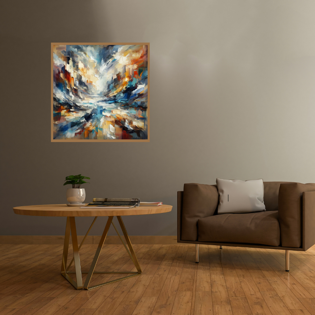 “Chaos in Harmony” by ArtixHub – abstract canvas wall art in blue, orange, gold, and white tones, ideal for modern living rooms, bedrooms, or office spaces. A bold statement piece that pairs well with neutral or warm interior color palettes. Perfect for UAE homes seeking expressive, contemporary décor.