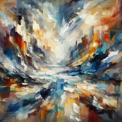 “Chaos in Harmony” by ArtixHub – abstract canvas wall art in blue, orange, gold, and white tones, ideal for modern living rooms, bedrooms, or office spaces. A bold statement piece that pairs well with neutral or warm interior color palettes. Perfect for homes seeking expressive, contemporary décor.