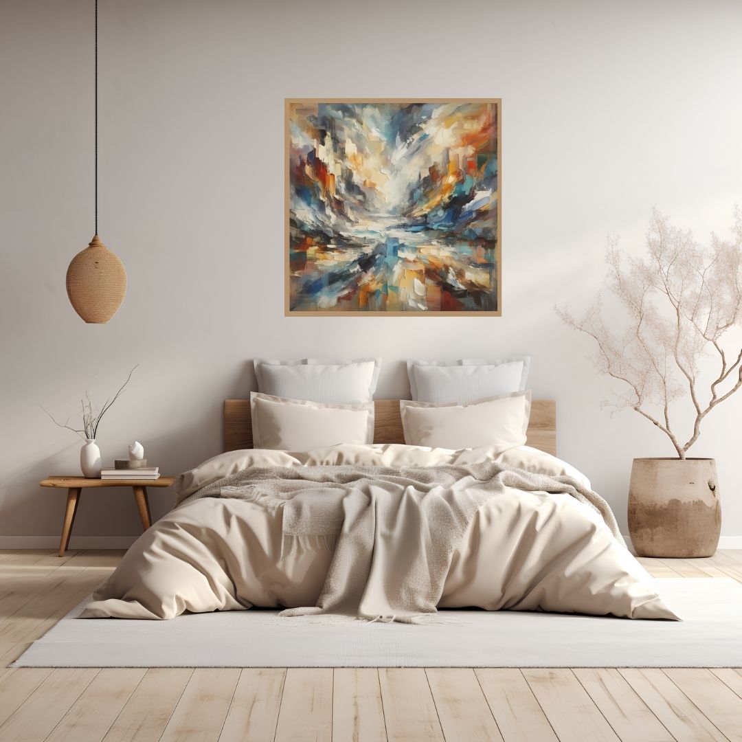 “Chaos in Harmony” by ArtixHub – abstract canvas wall art in blue, orange, gold, and white tones, ideal for modern living rooms, bedrooms, or office spaces. A bold statement piece that pairs well with neutral or warm interior color palettes. Perfect for UAE homes seeking expressive, contemporary décor.