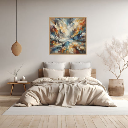 “Chaos in Harmony” by ArtixHub – abstract canvas wall art in blue, orange, gold, and white tones, ideal for modern living rooms, bedrooms, or office spaces. A bold statement piece that pairs well with neutral or warm interior color palettes. Perfect for UAE homes seeking expressive, contemporary décor.