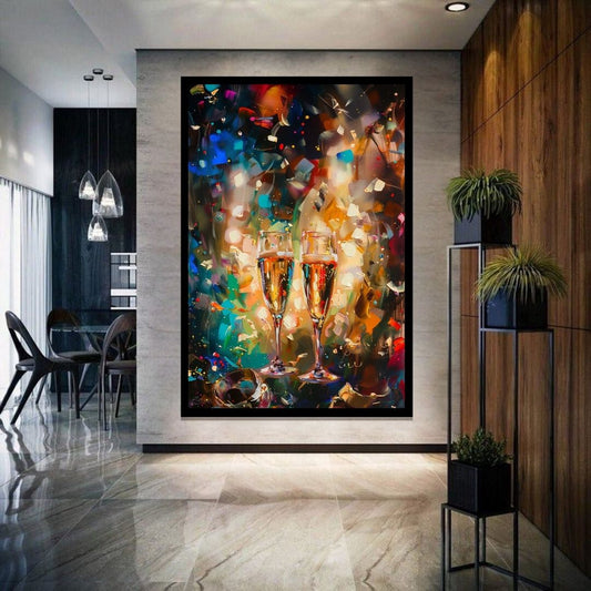 “Cheers of Joy” by ArtixHub – vibrant pop art canvas wall art featuring a joyful toast in yellow, red, and soft blue tones, ideal for dining rooms, kitchens, or game rooms. This playful piece adds energy and personality to social spaces, making it perfect for UAE homes that celebrate bold color and cheerful design.