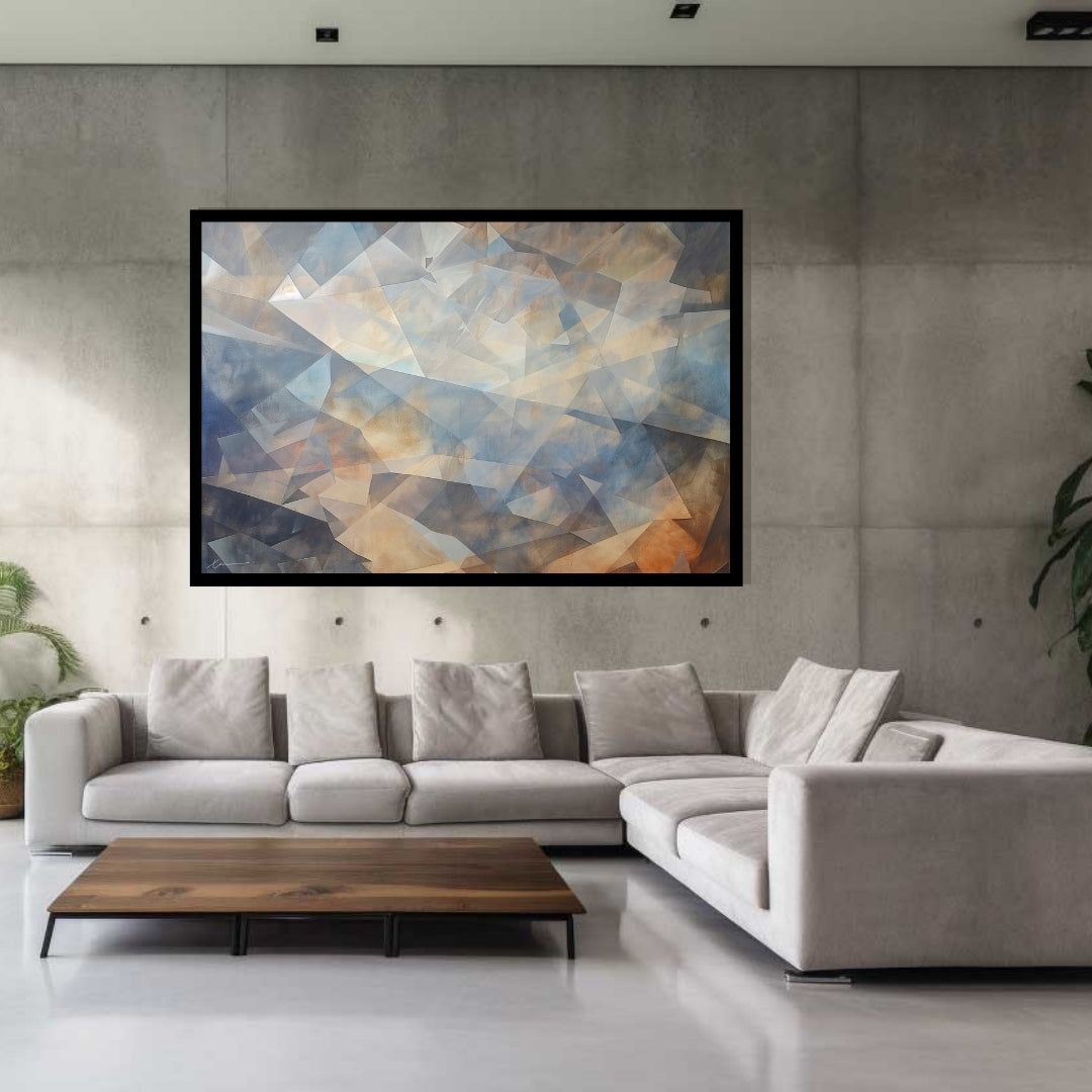 “Choatic Clearance” by Xennoir – abstract geometric painting with layered transparent angles in blue, beige, and warm tones, expressing mental clarity emerging through chaos.