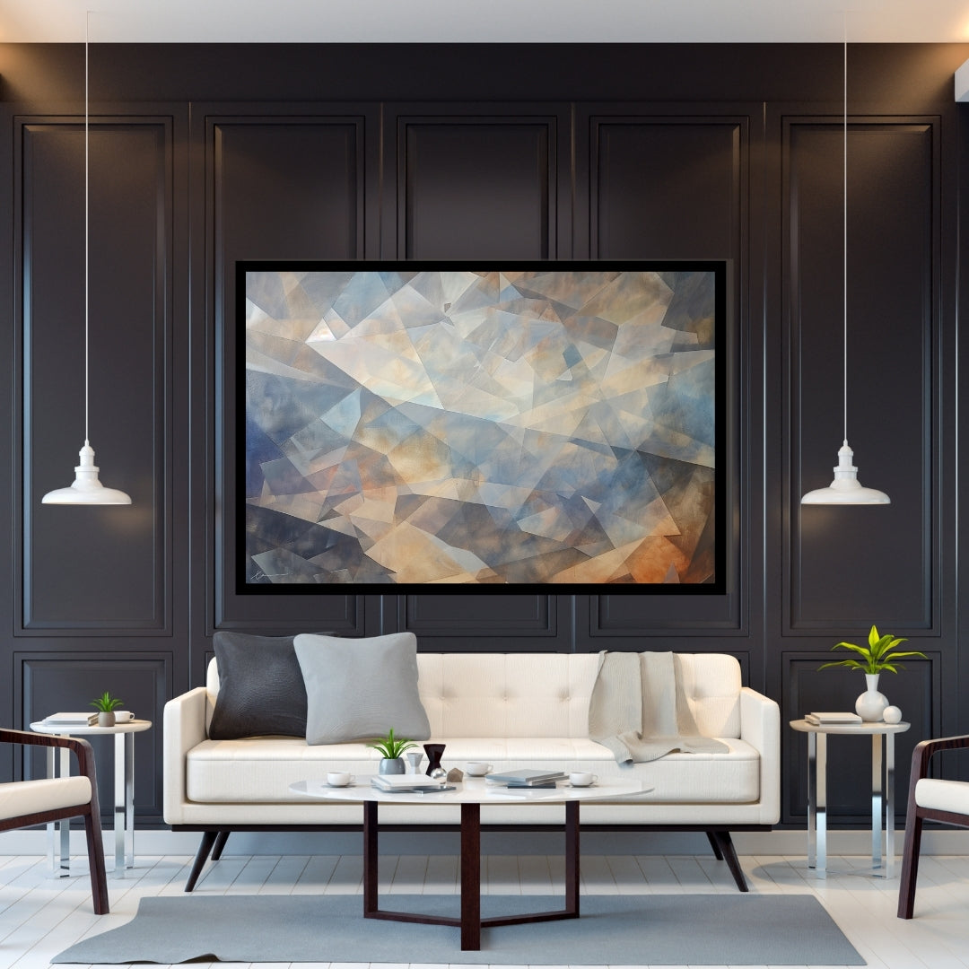 “Choatic Clearance” by Xennoir – abstract geometric painting with layered transparent angles in blue, beige, and warm tones, expressing mental clarity emerging through chaos.