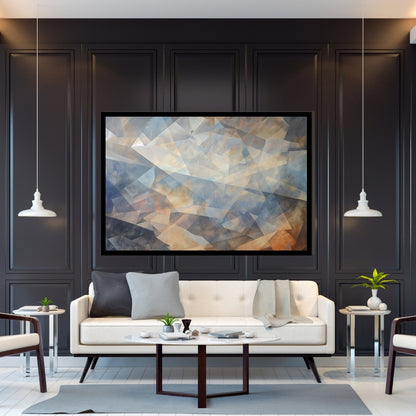 “Choatic Clearance” by Xennoir – abstract geometric painting with layered transparent angles in blue, beige, and warm tones, expressing mental clarity emerging through chaos.