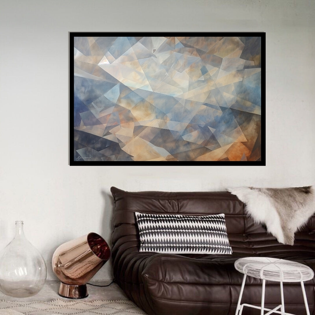 “Choatic Clearance” by Xennoir – abstract geometric painting with layered transparent angles in blue, beige, and warm tones, expressing mental clarity emerging through chaos.