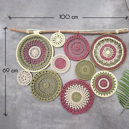 “Circles of Serenity” by ArtixHub – handwoven macramé wall hanging featuring concentric cotton loops on a driftwood rod, evoking organic texture and meditative flow. Ideal for living rooms, bedrooms, or reading nooks, this bohemian piece brings warmth and tranquility to UAE homes.