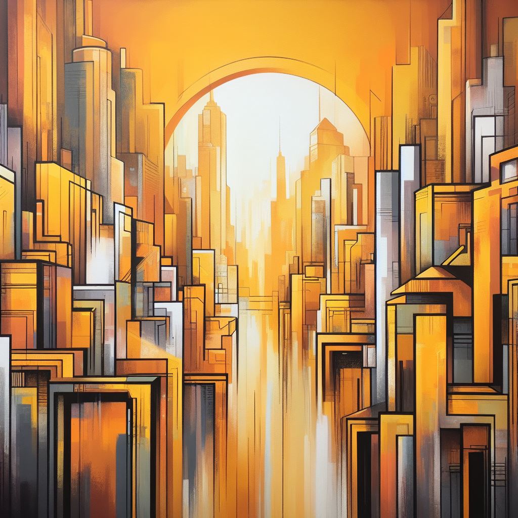 “Citadel of Sunshine” by ArtixHub – abstract cityscape canvas wall art in vivid yellow, warm orange, and soft white tones, ideal for entryways, offices, or lounge areas. This uplifting piece radiates energy and architectural charm, making it perfect for UAE homes that embrace bold color and modern urban design.