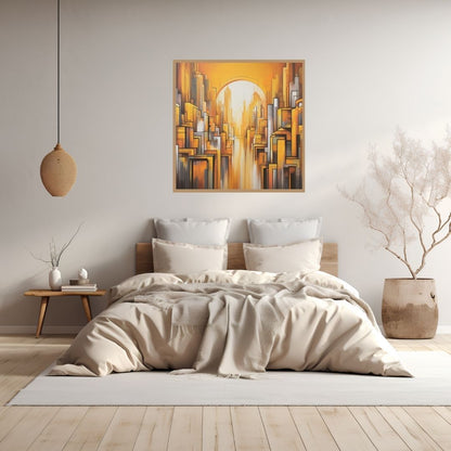 “Citadel of Sunshine” by ArtixHub – abstract cityscape canvas wall art in vivid yellow, warm orange, and soft white tones, ideal for entryways, offices, or lounge areas. This uplifting piece radiates energy and architectural charm, making it perfect for UAE homes that embrace bold color and modern urban design.