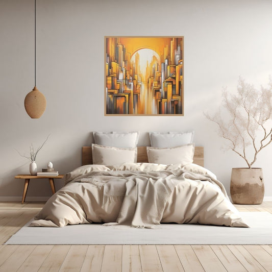 “Citadel of Sunshine” by ArtixHub – abstract cityscape canvas wall art in vivid yellow, warm orange, and soft white tones, ideal for entryways, offices, or lounge areas. This uplifting piece radiates energy and architectural charm, making it perfect for UAE homes that embrace bold color and modern urban design.