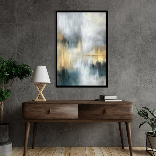 “City Murmurs” by Sarah Lemaire – abstract wall art blending soft grey, blue, and golden tones with urban-inspired reflections and atmospheric texture.