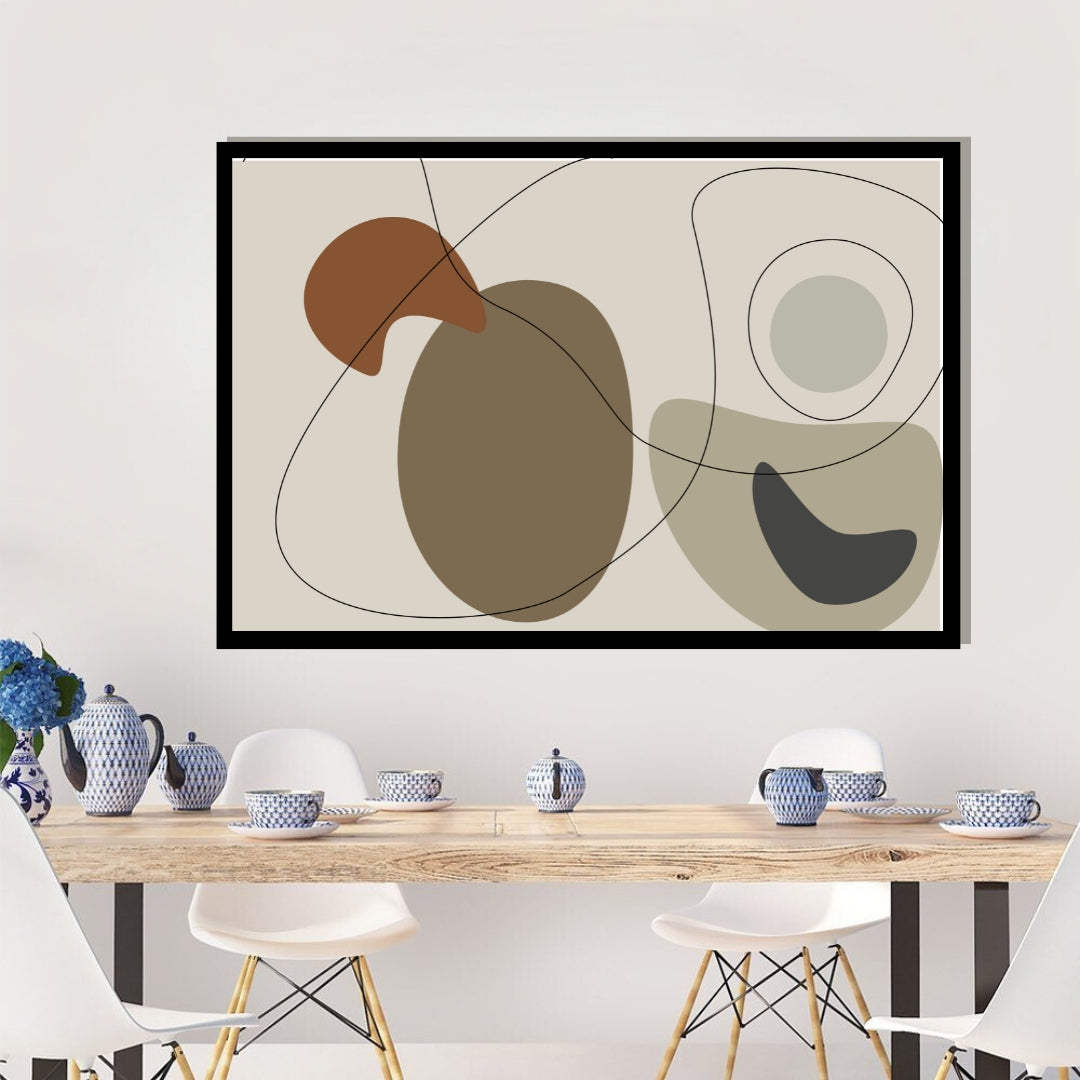 “Clayra” by Clara Moret – minimalist abstract composition featuring brown and beige shapes with black line art on a soft neutral background.