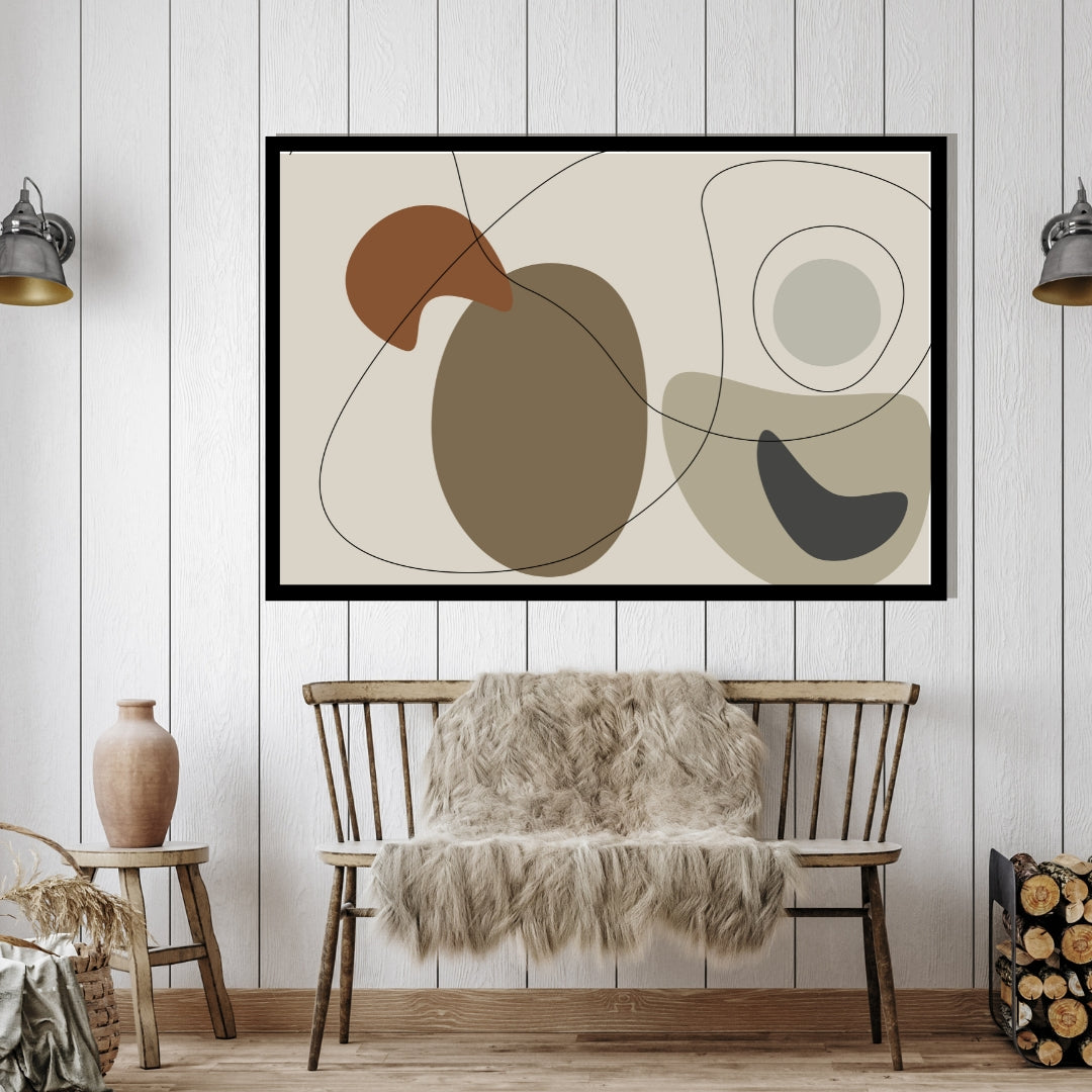 “Clayra” by Clara Moret – minimalist abstract composition featuring brown and beige shapes with black line art on a soft neutral background.