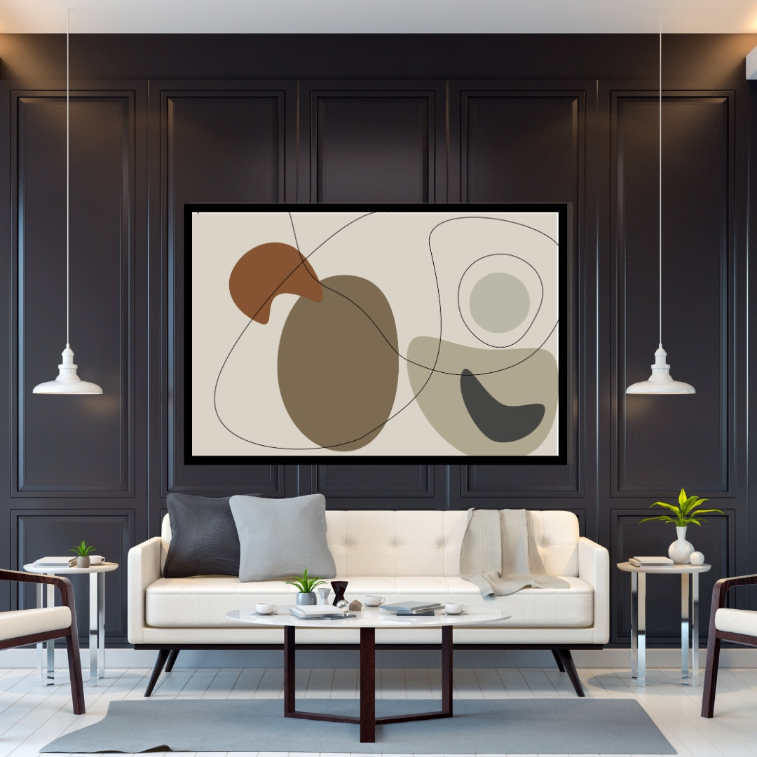 “Clayra” by Clara Moret – minimalist abstract composition featuring brown and beige shapes with black line art on a soft neutral background.