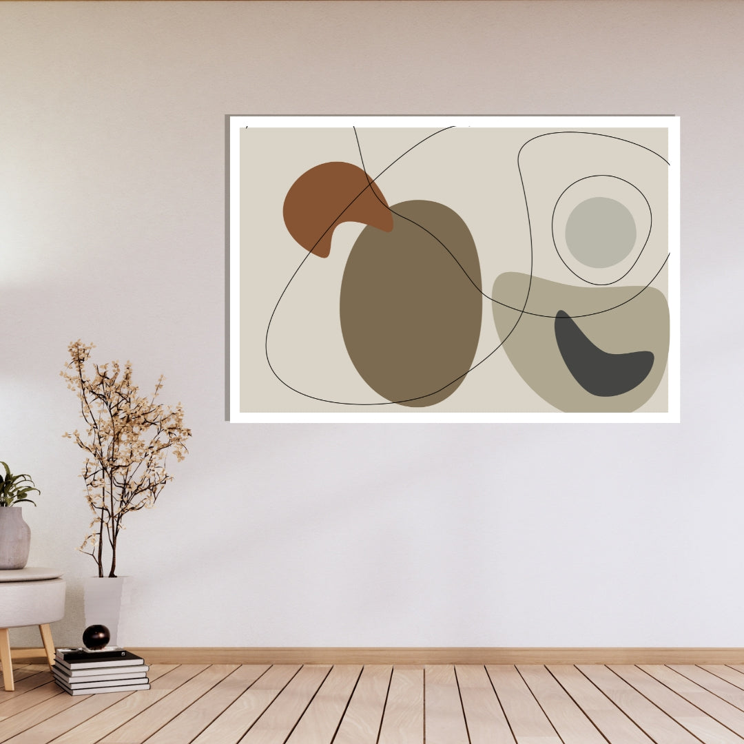 “Clayra” by Clara Moret – minimalist abstract composition featuring brown and beige shapes with black line art on a soft neutral background.