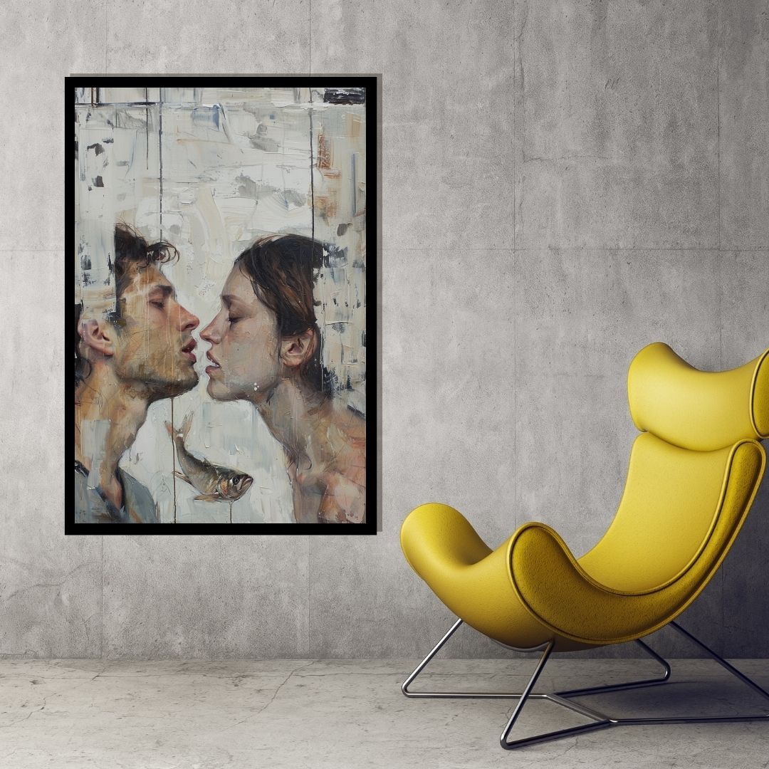 “Close Encounters” by ArtixHub – romantic figurative canvas wall art in deep red, navy, and neutral tones, ideal for bedrooms, lounge areas, or dressing rooms. With passionate brushwork and intimate composition, this artwork brings warmth and emotion to UAE homes that celebrate connection and contemporary artistic expression.