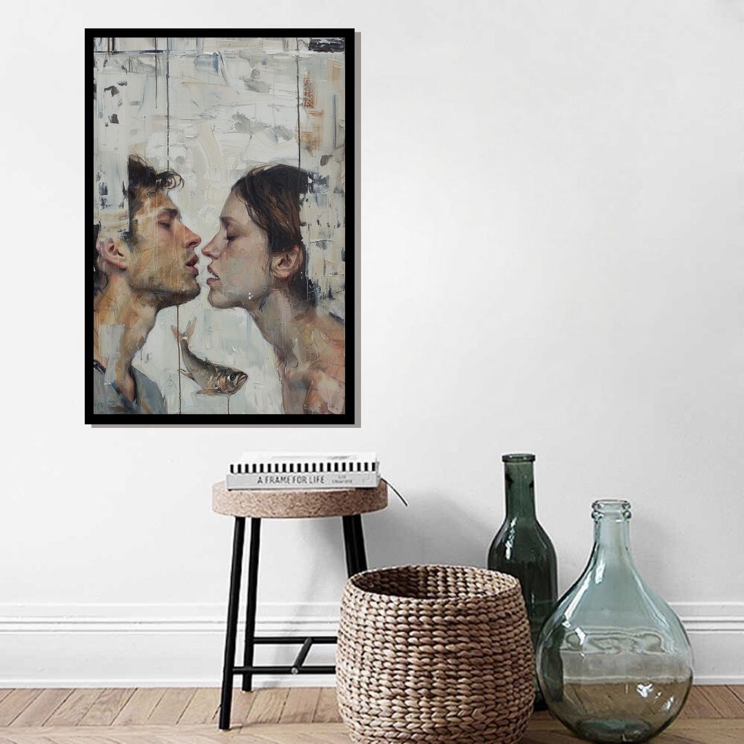 “Close Encounters” by ArtixHub – romantic figurative canvas wall art in deep red, navy, and neutral tones, ideal for bedrooms, lounge areas, or dressing rooms. With passionate brushwork and intimate composition, this artwork brings warmth and emotion to UAE homes that celebrate connection and contemporary artistic expression.