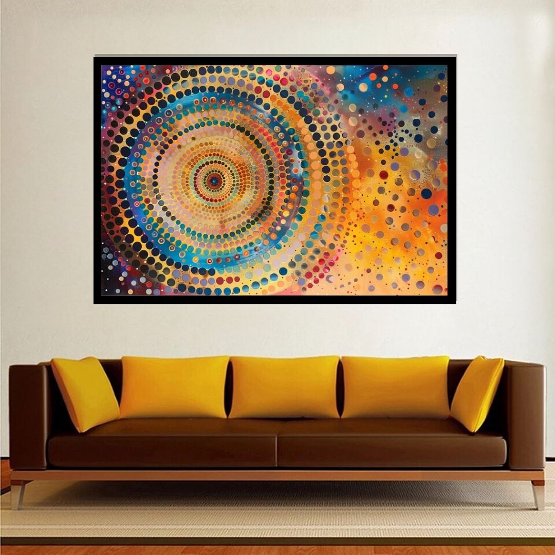 “Color Cyclone” by ArtixHub – vibrant abstract canvas wall art featuring swirling circles in red, yellow, blue, and green tones, ideal for game rooms, studios, or kids’ spaces. A playful and energetic piece that brings motion and excitement to UAE homes with colorful or eclectic interior styles.