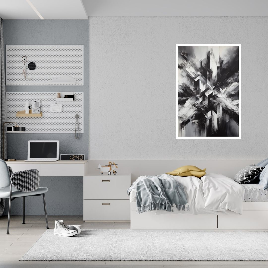 “Constructive Chaos” by ArtixHub – abstract canvas wall art in vibrant reds, deep blues, and golden yellows, ideal for studios, home offices, or game rooms. With layered forms and dynamic textures, this piece balances energy and structure, making it perfect for UAE homes that celebrate artistic movement and visual complexity.