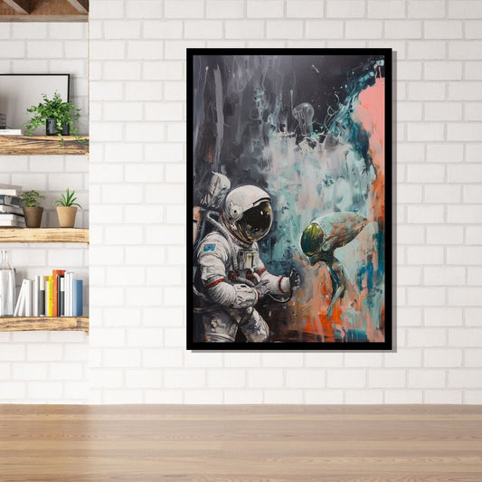 “Cosmic Encounter” by ArtixHub – surreal canvas wall art featuring a face-off between astronaut and alien in icy blues and warm orange tones, ideal for studios, kids’ rooms, or modern living rooms. This sci-fi-inspired painting brings mystery and imagination into UAE homes that appreciate bold and adventurous décor.