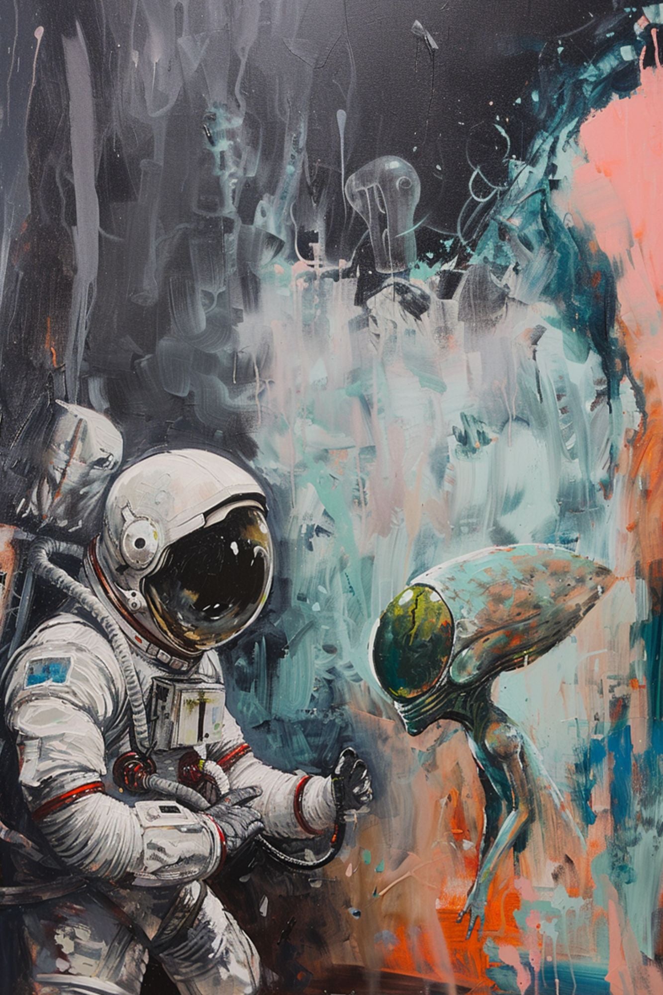 “Cosmic Encounter” by ArtixHub – surreal canvas wall art featuring a face-off between astronaut and alien in icy blues and warm orange tones, ideal for studios, kids’ rooms, or modern living rooms. This sci-fi-inspired painting brings mystery and imagination into UAE homes that appreciate bold and adventurous décor.