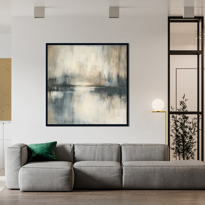 “Distant Shore” by Sarah Lemaire – abstract painting in soft grey, beige, and blue tones reflecting a calm horizon and waterline in minimalist style.