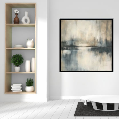 “Distant Shore” by Sarah Lemaire – abstract painting in soft grey, beige, and blue tones reflecting a calm horizon and waterline in minimalist style.