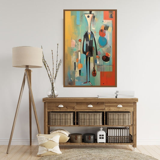 “Distorted Melody” by ArtixHub – figurative abstract canvas wall art featuring a distorted human form blended with musical movement in gray, maroon, and golden tones, ideal for offices, studios, or modern living spaces. This emotionally charged piece pairs beautifully with expressive or eclectic interiors. Perfect for UAE homes seeking rhythm, thought, and abstract depth.