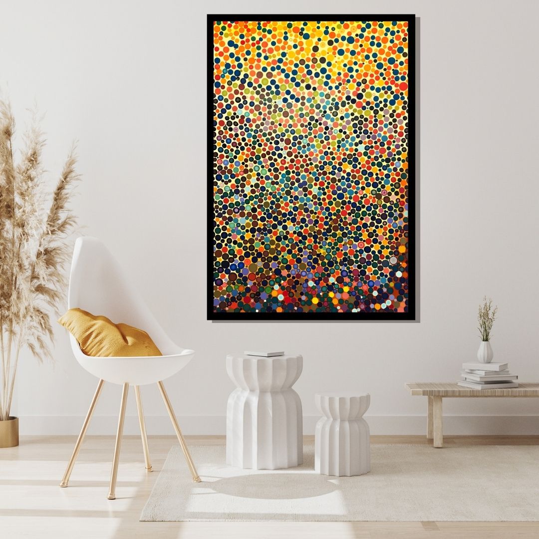 “Dot Matrix Sunrise” by ArtixHub – abstract canvas wall art featuring a radiant dot gradient in warm pink, peach, and golden hues, ideal for offices, studios, or modern living rooms. This soft digital-inspired composition brings warmth and modern edge to UAE homes that embrace minimalism with a touch of energy.