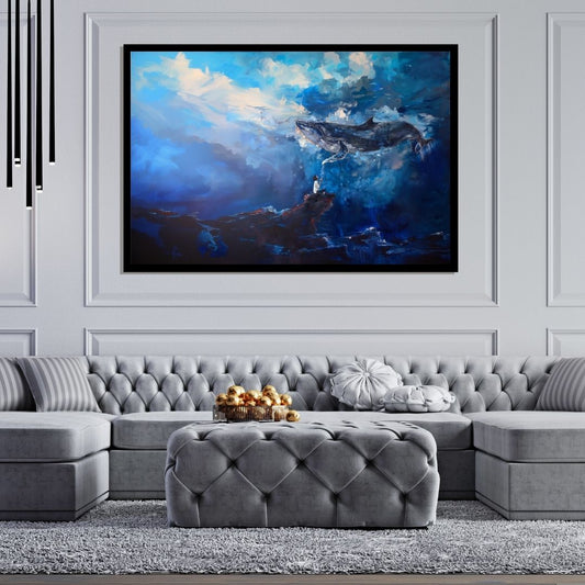 “Dream in the Deep” by ArtixHub – surreal canvas wall art featuring a deep-sea connection between whale and human in rich blues and soft light tones, ideal for bedrooms, wellness spaces, or creative studios. This dreamy underwater scene brings a sense of wonder and quiet magic to UAE homes that embrace imagination and emotional depth.