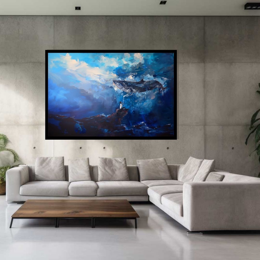 “Dream in the Deep” by ArtixHub – surreal canvas wall art featuring a deep-sea connection between whale and human in rich blues and soft light tones, ideal for bedrooms, wellness spaces, or creative studios. This dreamy underwater scene brings a sense of wonder and quiet magic to UAE homes that embrace imagination and emotional depth.