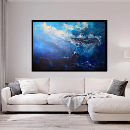 “Dream in the Deep” by ArtixHub – surreal canvas wall art featuring a deep-sea connection between whale and human in rich blues and soft light tones, ideal for bedrooms, wellness spaces, or creative studios. This dreamy underwater scene brings a sense of wonder and quiet magic to UAE homes that embrace imagination and emotional depth.