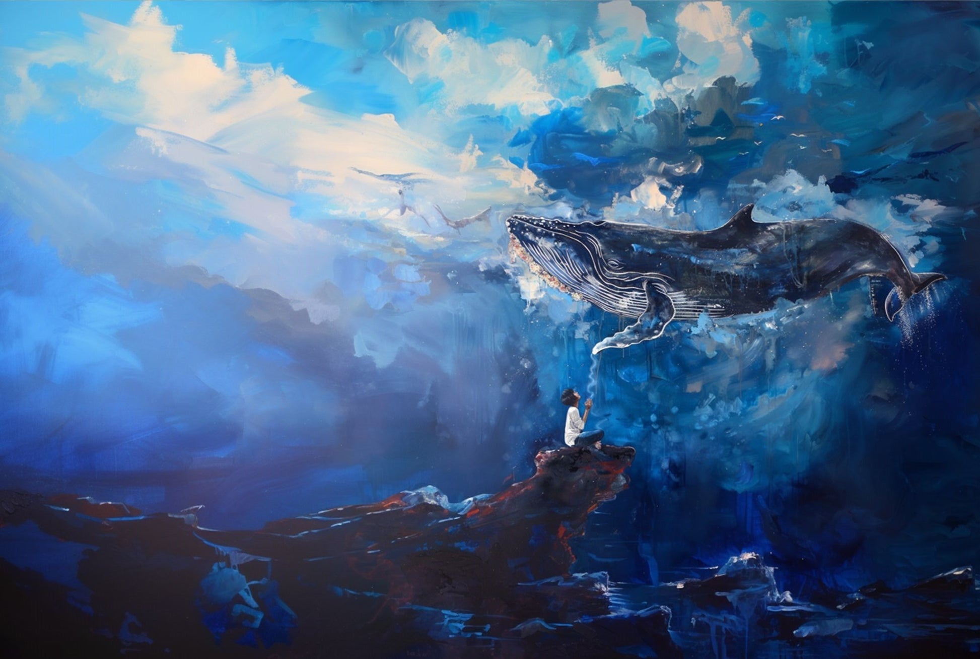 “Dream in the Deep” by ArtixHub – surreal canvas wall art featuring a deep-sea connection between whale and human in rich blues and soft light tones, ideal for bedrooms, wellness spaces, or creative studios. This dreamy underwater scene brings a sense of wonder and quiet magic to UAE homes that embrace imagination and emotional depth.