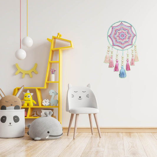 "Dreamscape" by ArtixHub – macramé wall hanging with pastel pink and blue tassels accented by natural wood beads, creating a playful cascade of color and texture. Ideal for nurseries, playrooms, or boho-inspired living spaces, adding whimsical charm to UAE interiors.