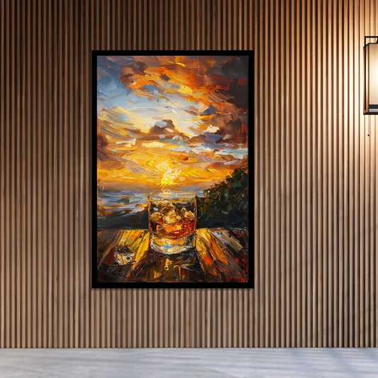 “Dusk’s Delight” by ArtixHub – surreal canvas wall art featuring a whiskey glass merging with a vivid sunset sky in warm orange, gold, and violet hues, ideal for lounge areas, dining rooms, or offices. This imaginative piece blends elegance and atmosphere, perfect for UAE homes seeking sophistication with a touch of fantasy.