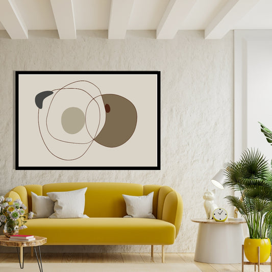 “Ebonair” by Clara Moret – minimalist abstract artwork with brown, beige, and charcoal shapes outlined in dark line art on a neutral background.
