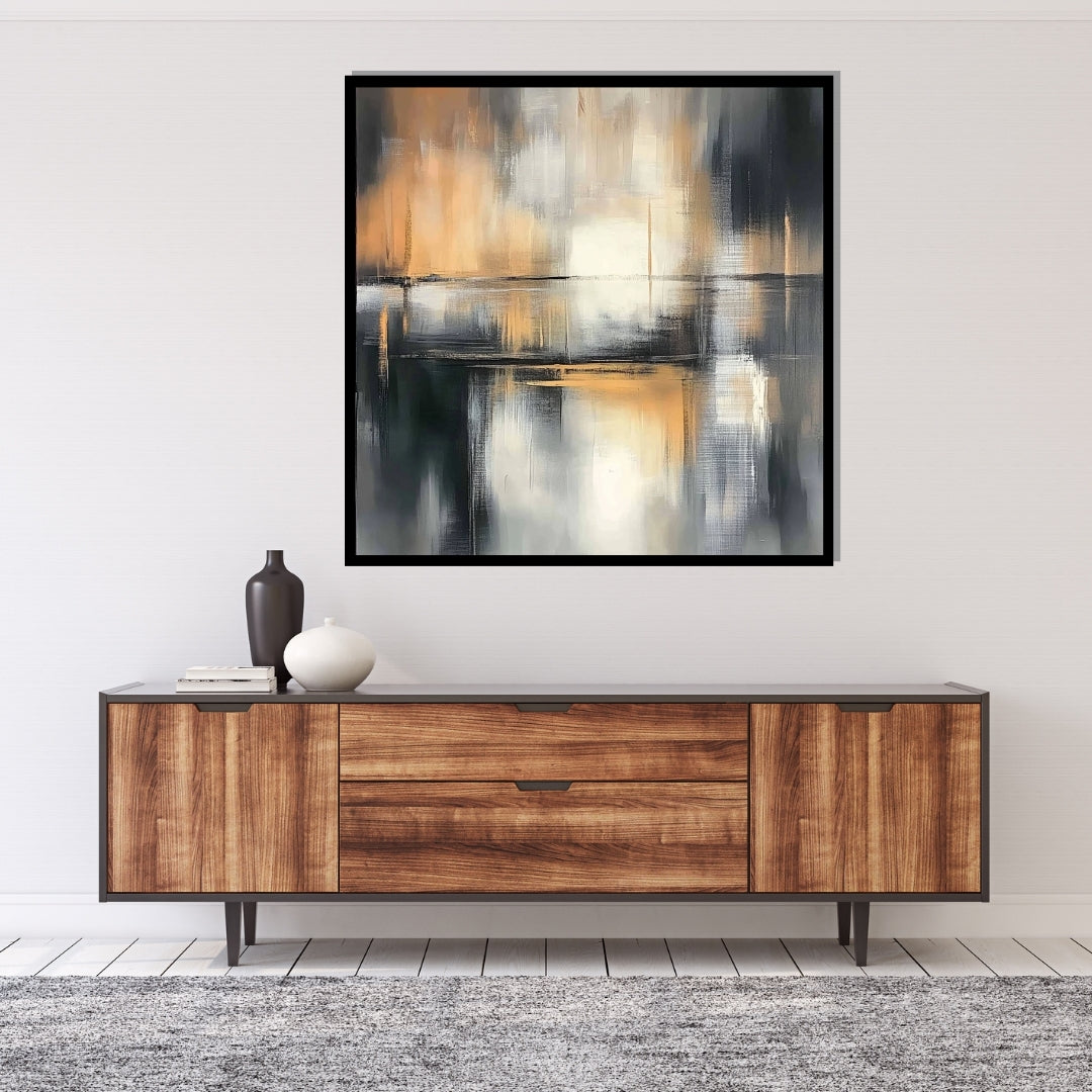 “Ecliptic Passage” by Sarah Lemaire – abstract painting with amber, charcoal, and ivory tones, inspired by celestial light and structured movement.